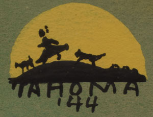 The painting is signed Quincy Tahoma and dated ‘44 in lower right. A small image, or cartouche, above the signature shows the next logical scene of what happens next: silhouettes of the woman and two lambs walking away.