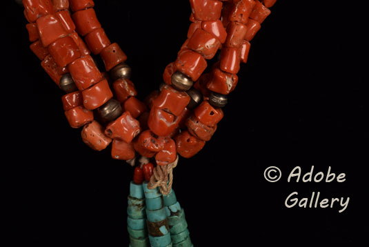 Eleven Strand Coral Necklace with Turquoise Jaclas - Four Winds Gallery