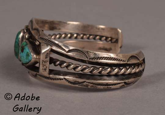 Alternate side view of this sliver and turquoise bracelet.