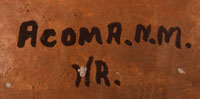 The underside is signed Acoma, N.M. and with the initials HR in fired-on text and $2.50 in pencil.