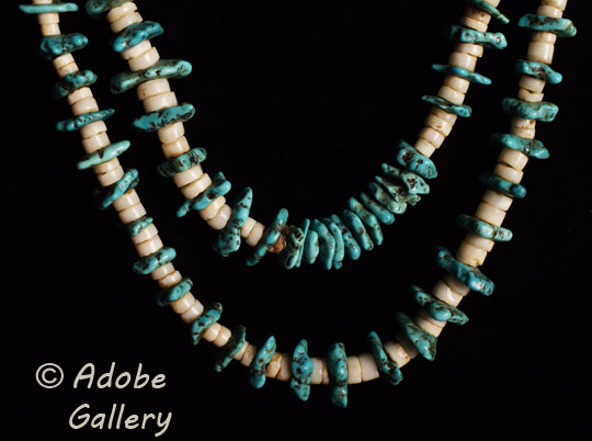 Close up view of a section of this turquoise and heishi necklace