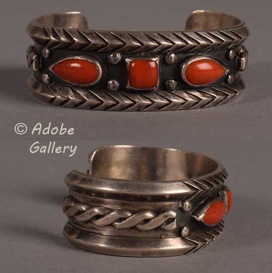 Alternate views of this coral and silver bracelet.