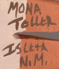 Artist signature of Mona Teller, Isleta Pueblo Potter