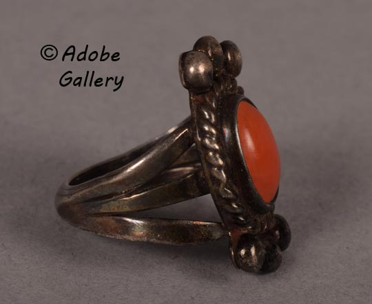 Alternate side view of this Coral and Sliver ring.