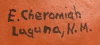 Artist signature of Evelyn Cheromiah, Laguna Pueblo Potter