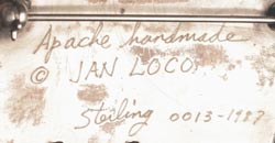 “Apache handmade, Jan Loco, sterling, 0013-1987 Sterling”.