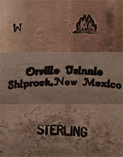 Signature and hallmarks of Din&eacute; of the Navajo Nation silversmith Orville Tsinnie Orville Tsinnie: his name and &ldquo;Shiprock New Mexico&rdquo;, the word &ldquo;sterling&rdquo;, the letter W, along with an impression of the Shiprock formation.