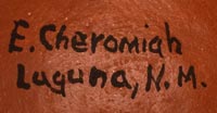 Artist signature of Evelyn Cheromiah Award Winning Bowl with Tularosa Design Evelyn Cheromiah, Laguna Pueblo Potter