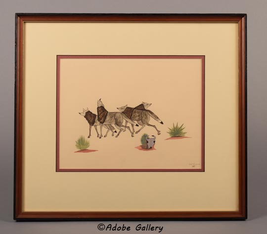 In “Four Wolves Wolfpack,” four wolves gather near a scrub brush and yucca plant, with a cow skull ominously set in the foreground, evoking a sense of foreboding.