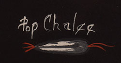 Artist signature and hallmark feather of Merina Lujan (1906-1993) Pop Chalee - Blue Flower - Taos Pueblo, Tuah-Tah