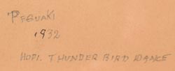 Though the specific origins of the artist known as "Peguaki" remain unclear, the date on the drawing—1932—places it within an era when many Native American artists embraced the Santa Fe Indian School’s “Studio Style.”