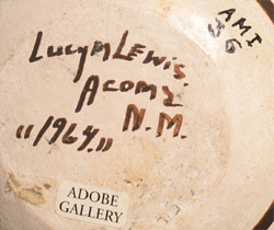 Date made and artist signature of Lucy Lewis (c. 1898&ndash;1992) Acoma Pueblo, Haak&rsquo;u