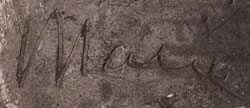 By 1923, Maria Montoya Poveka Martinez (1887-1980) Pond Lily began signing Marie on pieces made by her and Julián Martinez (1885-1943) Pocano - Coming of the Spirits. His name was omitted because making pottery was "woman's work." Pottery made by Maria and painted by Julian, signed Marie, was most probably made between 1920 and 1925.