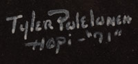 Artist signature of Tyler Polelonema (b. 1940) Duyauestewa (meaning "Bluebird") of Hopi Pueblo, Hopituh Shi-nu-mu