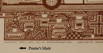 Long ago, pickup trucks replaced buckboards and horses on the Navajo Reservation.  It was this event that expanded the world of the Navajo beyond their immediate trading post area of the reservation.  It was then that they could hop in their pickup truck and venture many miles beyond their previous boundaries.  The artist has made a shrine of a pickup truck by placing it on a Prayerstick, almost elevating it to a religious symbol.  It’s a way to present the importance to the Navajo of the pickup truck of the 20th century.  Douglas Johnson was born in Portland, Oregon and is a self-taught artist.  While in college, Johnson joined the government program Volunteer in Service to America (VISTA) by which he was assigned to the Navajo Reservation.  As a result of this experience, his art is a reflection of his tenure with working to improve the lives of Reservation Navajos.  He moved permanently to New Mexico as a result of this experience.  Much of his art reflects his knowledge and appreciation of Navajo life.  This image is titled, signed and dated and noted as an artist’s proof.  It was completed in 1977.  Condition: original condition; small stain in upper right of blank field not touching the image itself.  Provenance: from the Katherine H. Rust collection 